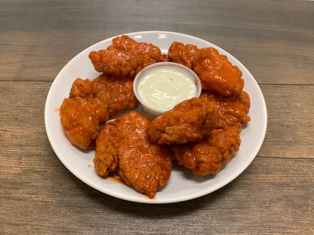 Boneless wings tossed in buffalo sauce with a cup of blue cheese